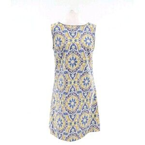 Betsey Johnson Yellow Blue Boat Neck Sleeveless Knee Length Shift Dress Size 8